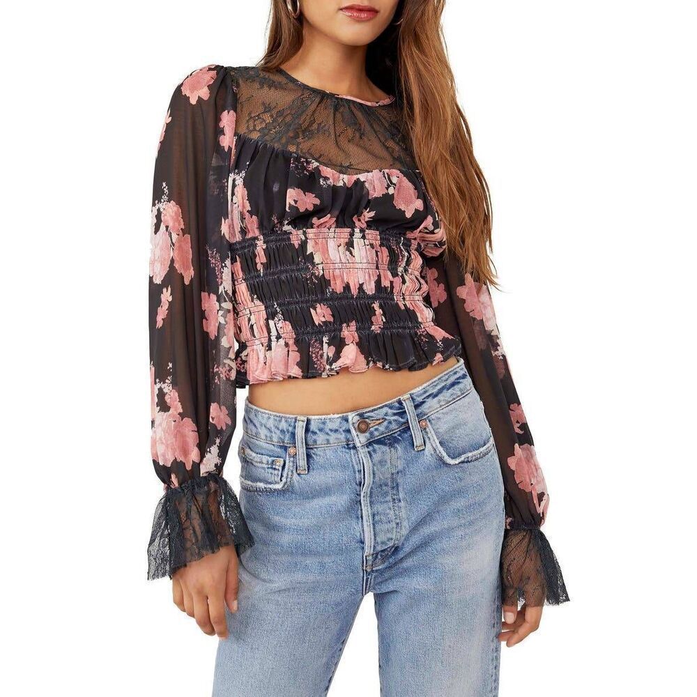 Free People Womens Sheer Embroidered Lace Daphne Blouse Midnight Combo Small NWT